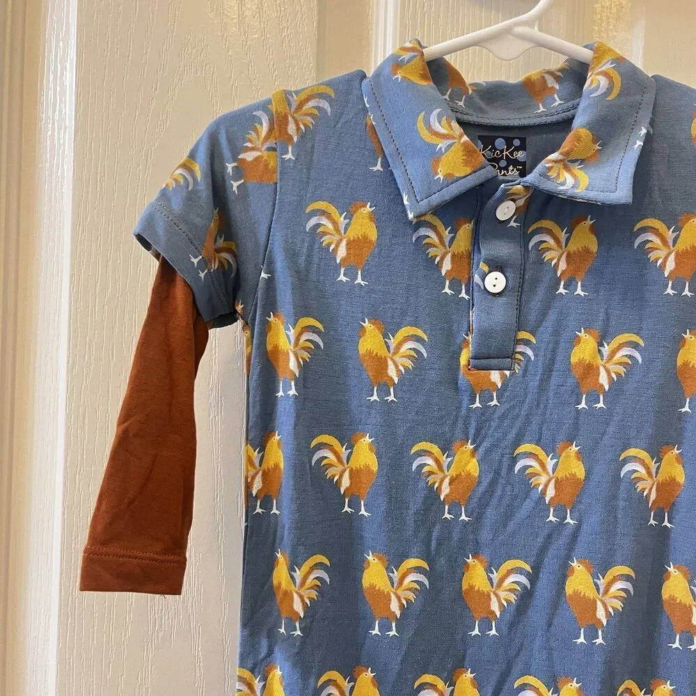 Kickee Pants Blue Parisian Rooster Polo Romper Bamboo Boys Size 18-24 Months